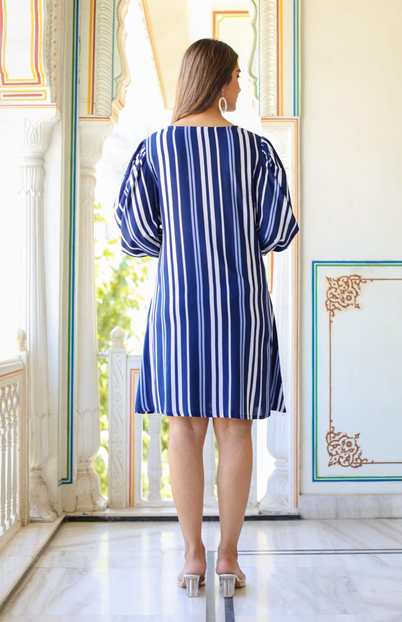 Yash Gallery Women's Stripe Printed A-Line Dress (Blue, S) - Image 5