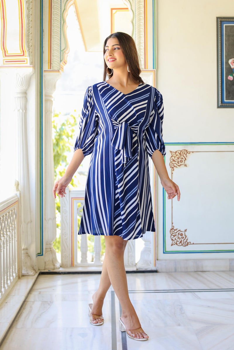 Yash Gallery Women's Stripe Printed A-Line Dress (Blue, S) - Image 4