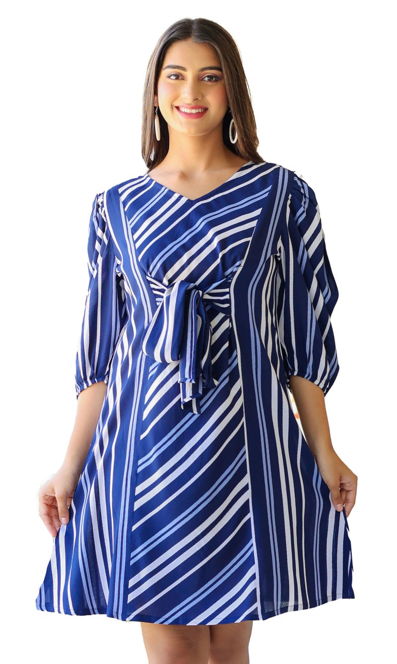 Yash Gallery Women's Stripe Printed A-Line Dress (Blue, S) - Image 1