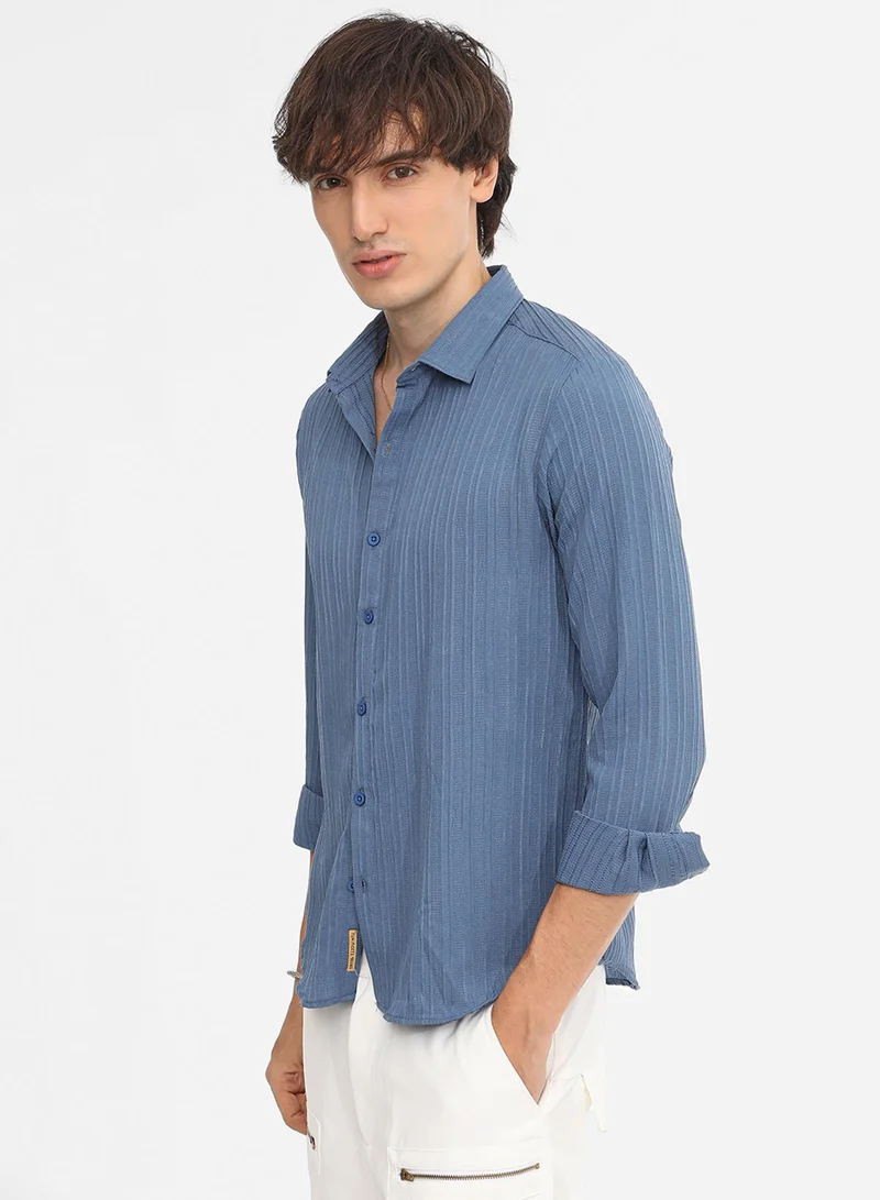 Campus Sutra Men's Lapis Blue Self-Design Striped Shirt