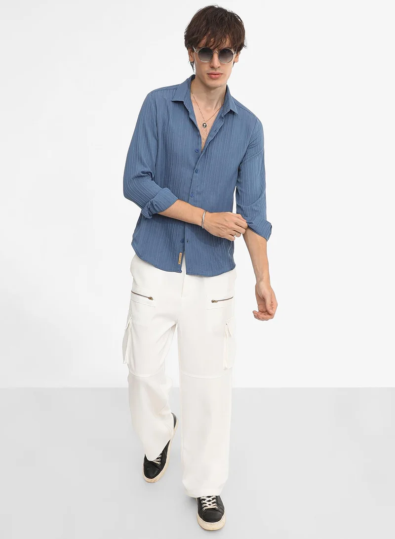 Campus Sutra Men's Lapis Blue Self-Design Striped Shirt