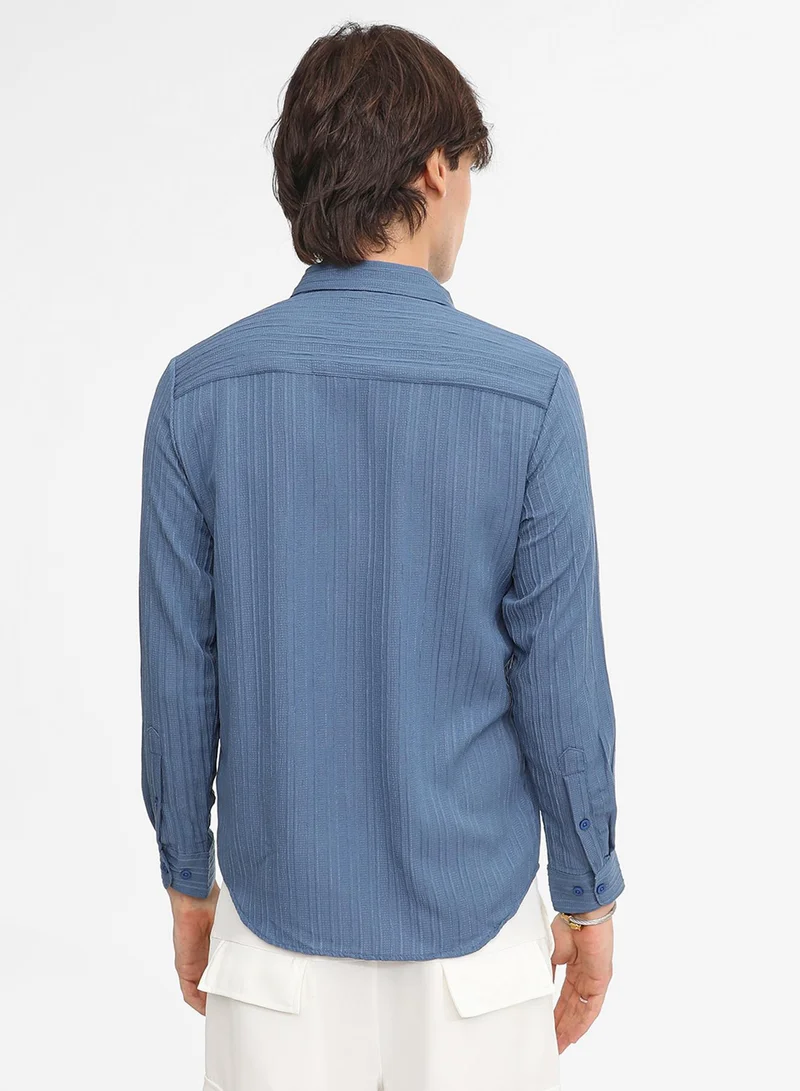 Campus Sutra Men's Lapis Blue Self-Design Striped Shirt