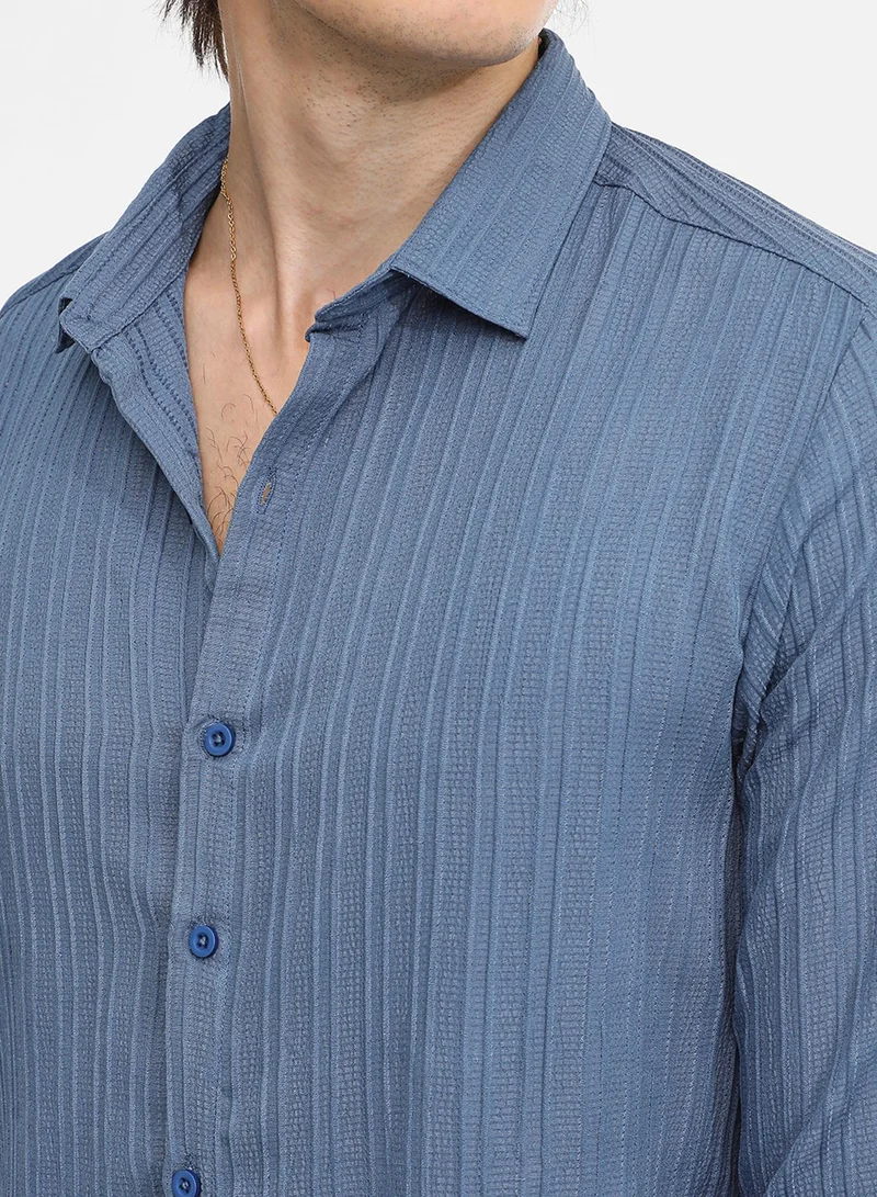 Campus Sutra Men's Lapis Blue Self-Design Striped Shirt