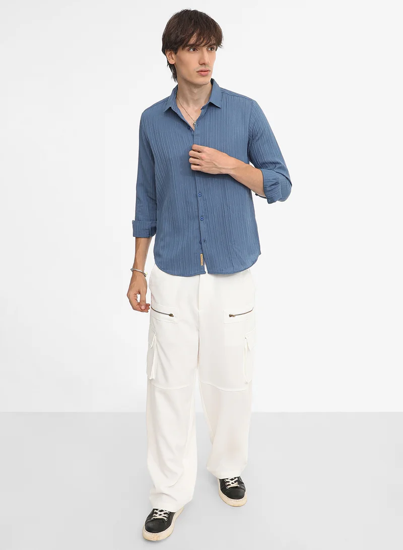 Campus Sutra Men's Lapis Blue Self-Design Striped Shirt
