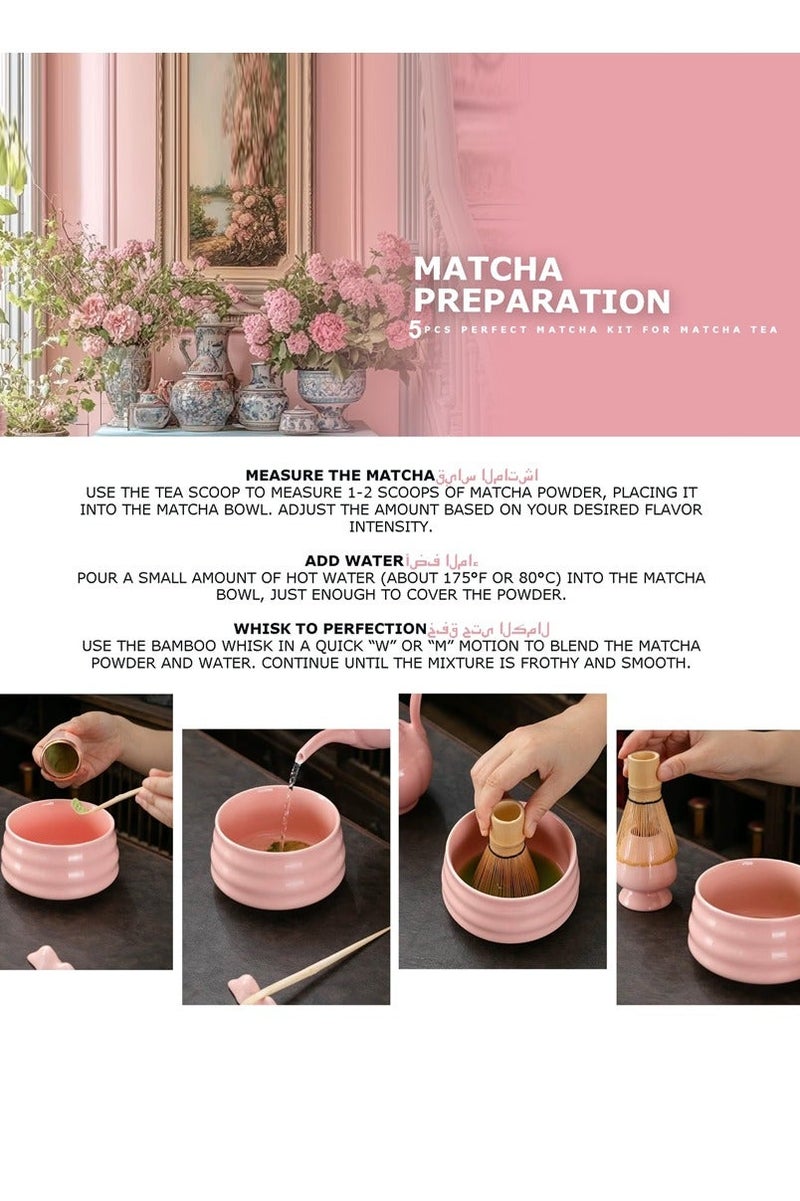 Sahramart 5PCS Matcha Tea Set Matcha Whisk Kit Matcha Ceramic Bowl Matcha Whisk, Whisk Holder Traditional Scoop Perfect Set to a Traditional of Matcha Tool,Pink - Image 4