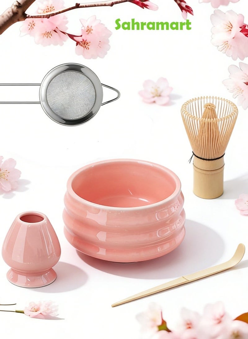 Sahramart 5PCS Matcha Tea Set Matcha Whisk Kit Matcha Ceramic Bowl Matcha Whisk, Whisk Holder Traditional Scoop Perfect Set to a Traditional of Matcha Tool,Pink - Image 1