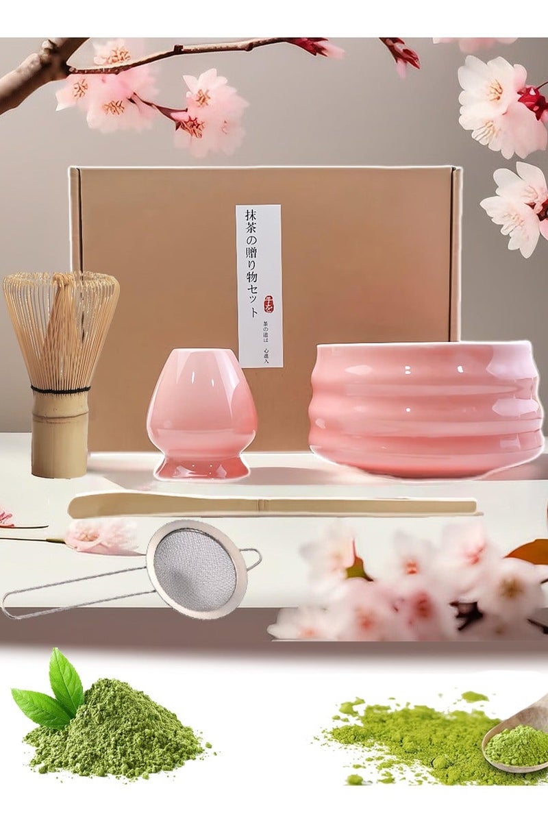 Sahramart 5PCS Matcha Tea Set Matcha Whisk Kit Matcha Ceramic Bowl Matcha Whisk, Whisk Holder Traditional Scoop Perfect Set to a Traditional of Matcha Tool,Pink - Image 2