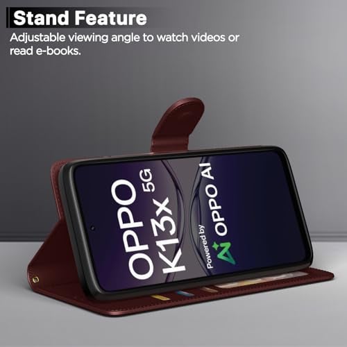 Pikkme Flip Cover for Oppo K13x 5G | Leather Finish | Shockproof with Card Pockets & Wallet Stand | Ultimate Protection Case(Brown) - Image 3