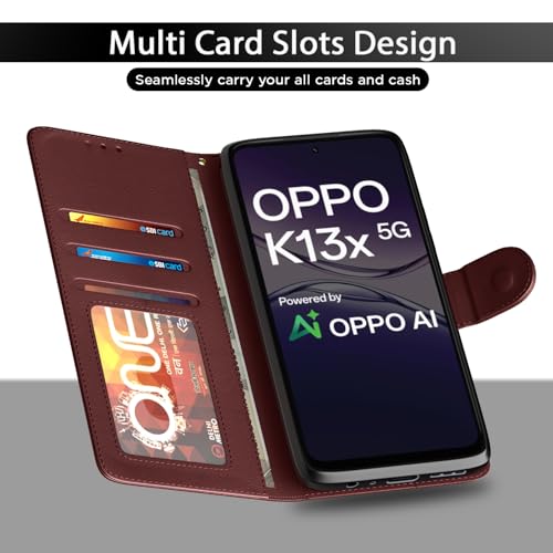 Pikkme Flip Cover for Oppo K13x 5G | Leather Finish | Shockproof with Card Pockets & Wallet Stand | Ultimate Protection Case(Brown) - Image 5