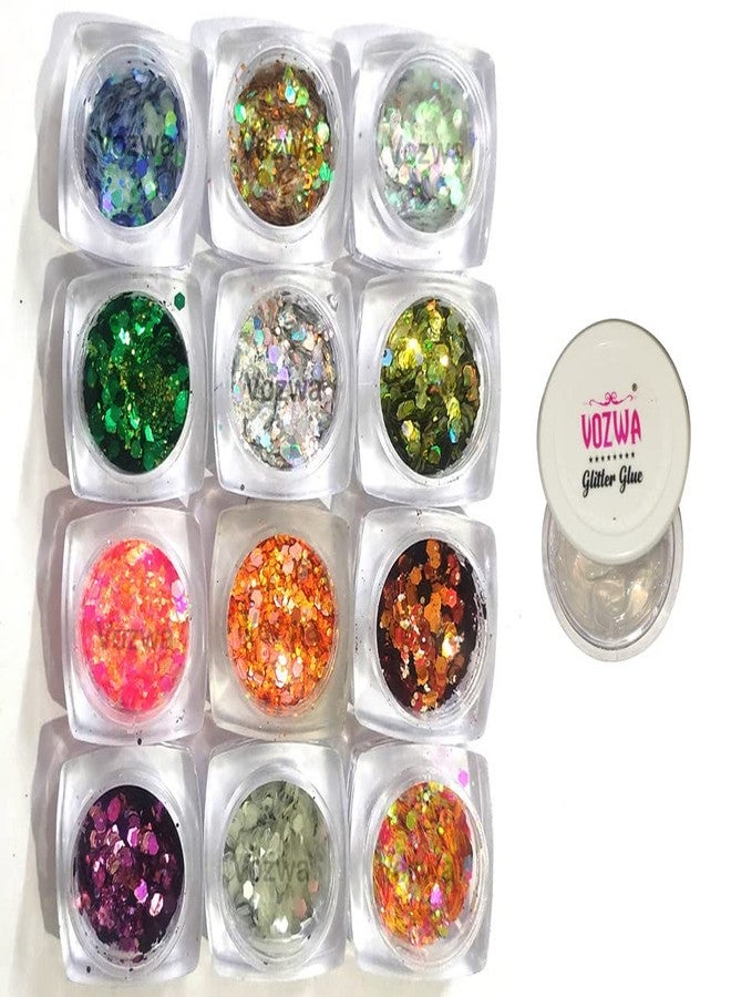 Vozwa Professional Eye-Makeup 12 Color Chunky Eye Shadow Glitter Sparkle with Glitter Glue - Image 1