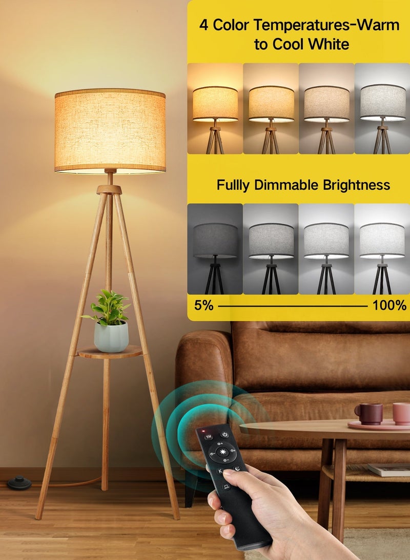 OUTON Solid Wooden Tripod Floor Lamp, Bulb Included, Standing Lamp with Remote Control, Dimmable & 4 Color Temperatures, 1H Timer, Floor Lamp with Storage Shelf Linen Shade for Living Room Bedroom - Image 1