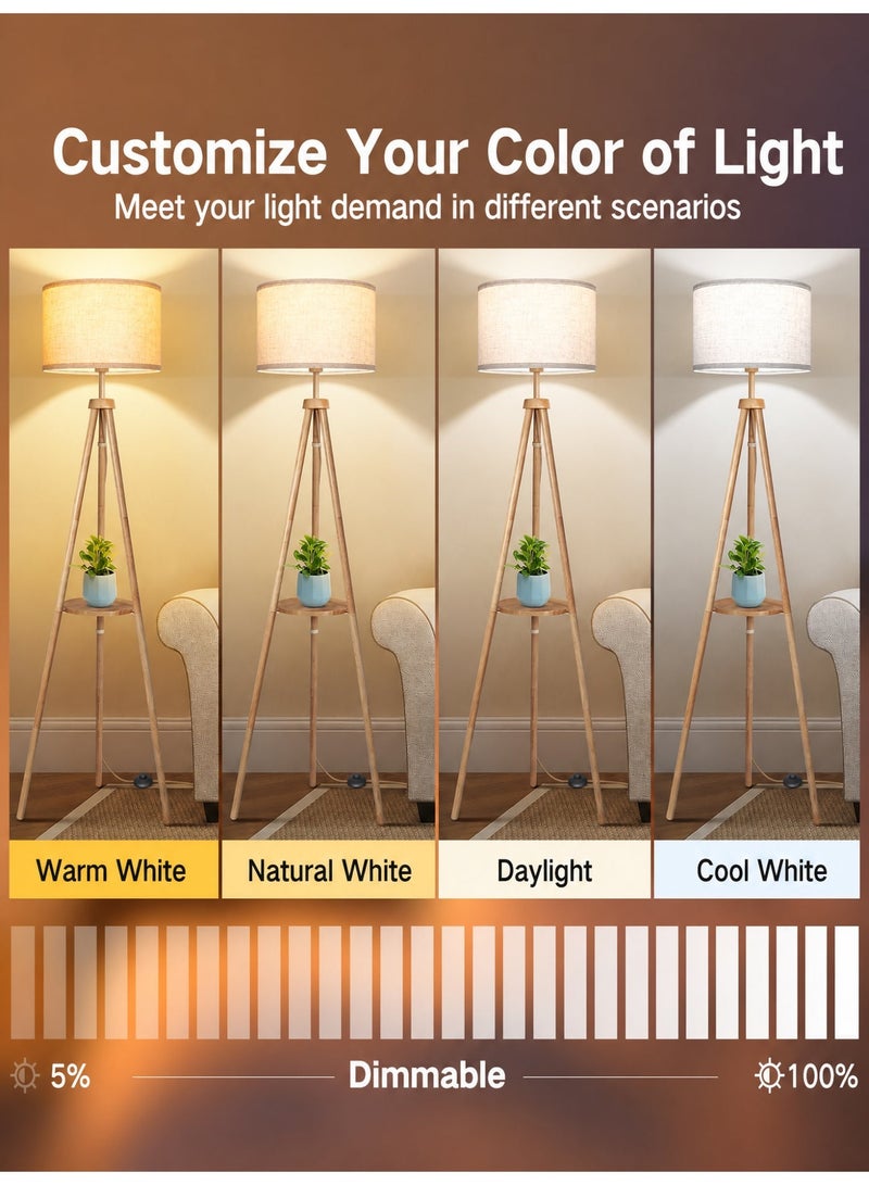 OUTON Solid Wooden Tripod Floor Lamp, Bulb Included, Standing Lamp with Remote Control, Dimmable & 4 Color Temperatures, 1H Timer, Floor Lamp with Storage Shelf Linen Shade for Living Room Bedroom - Image 2