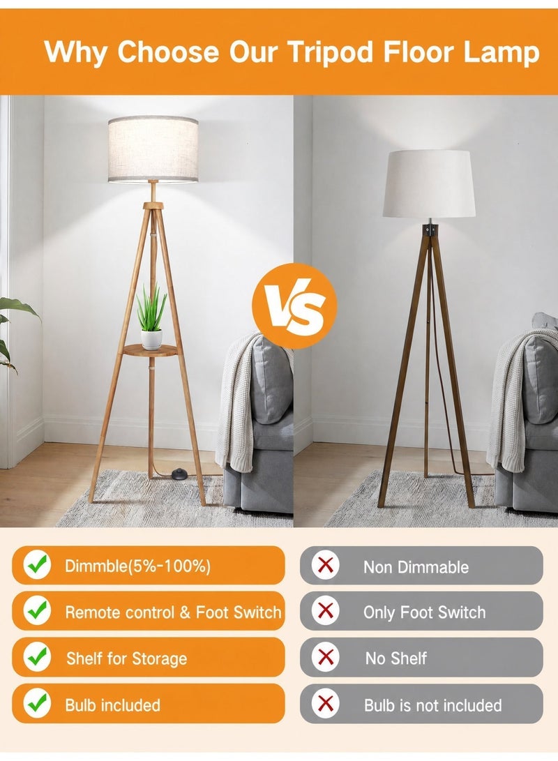 OUTON Solid Wooden Tripod Floor Lamp, Bulb Included, Standing Lamp with Remote Control, Dimmable & 4 Color Temperatures, 1H Timer, Floor Lamp with Storage Shelf Linen Shade for Living Room Bedroom - Image 5