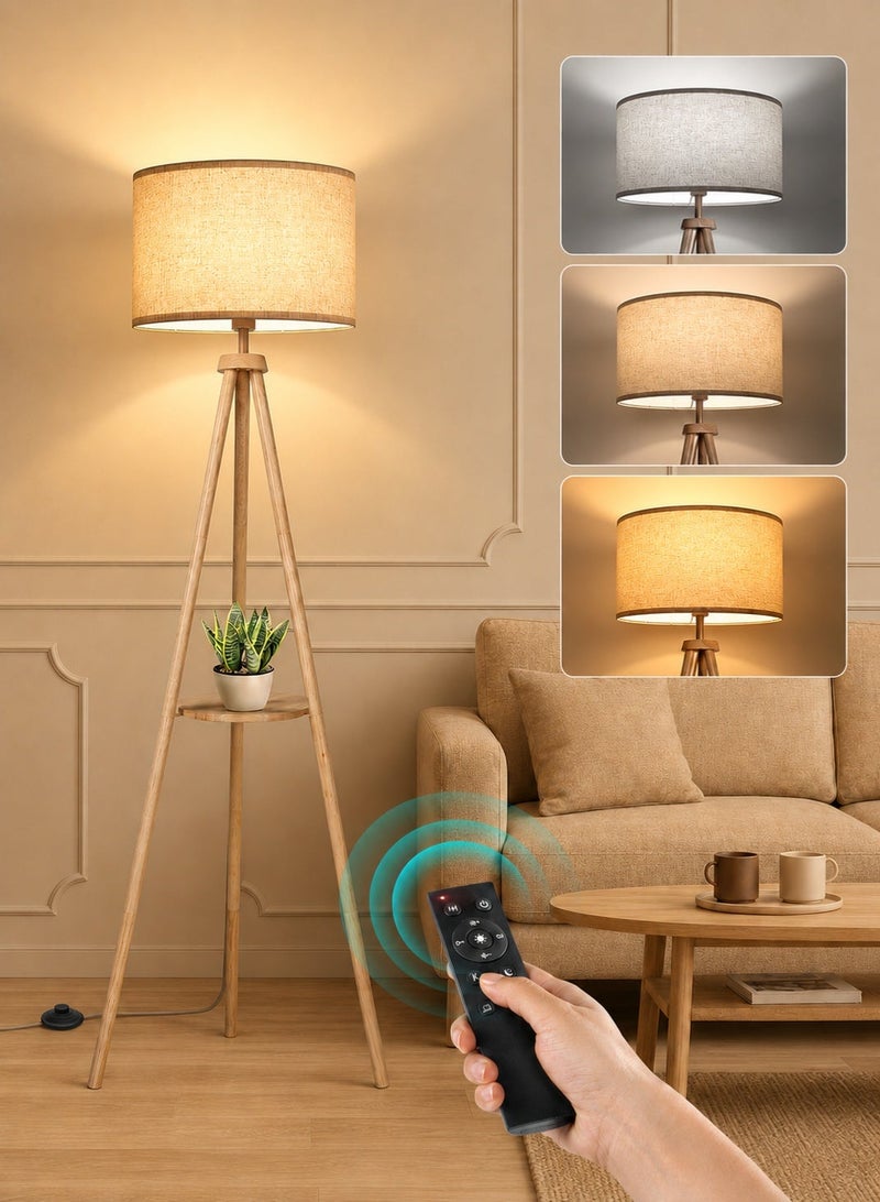 OUTON Solid Wooden Tripod Floor Lamp, Bulb Included, Standing Lamp with Remote Control, Dimmable & 4 Color Temperatures, 1H Timer, Floor Lamp with Storage Shelf Linen Shade for Living Room Bedroom - Image 1