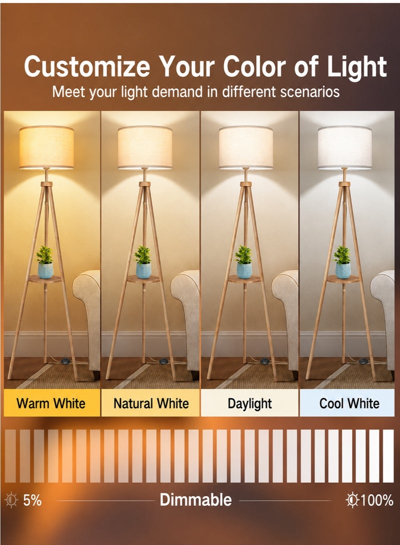 OUTON Solid Wooden Tripod Floor Lamp, Bulb Included, Standing Lamp with Remote Control, Dimmable & 4 Color Temperatures, 1H Timer, Floor Lamp with Storage Shelf Linen Shade for Living Room Bedroom - Image 2