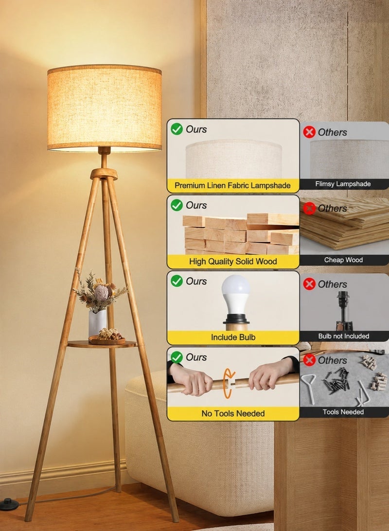 OUTON Solid Wooden Tripod Floor Lamp, Bulb Included, Standing Lamp with Remote Control, Dimmable & 4 Color Temperatures, 1H Timer, Floor Lamp with Storage Shelf Linen Shade for Living Room Bedroom - Image 4
