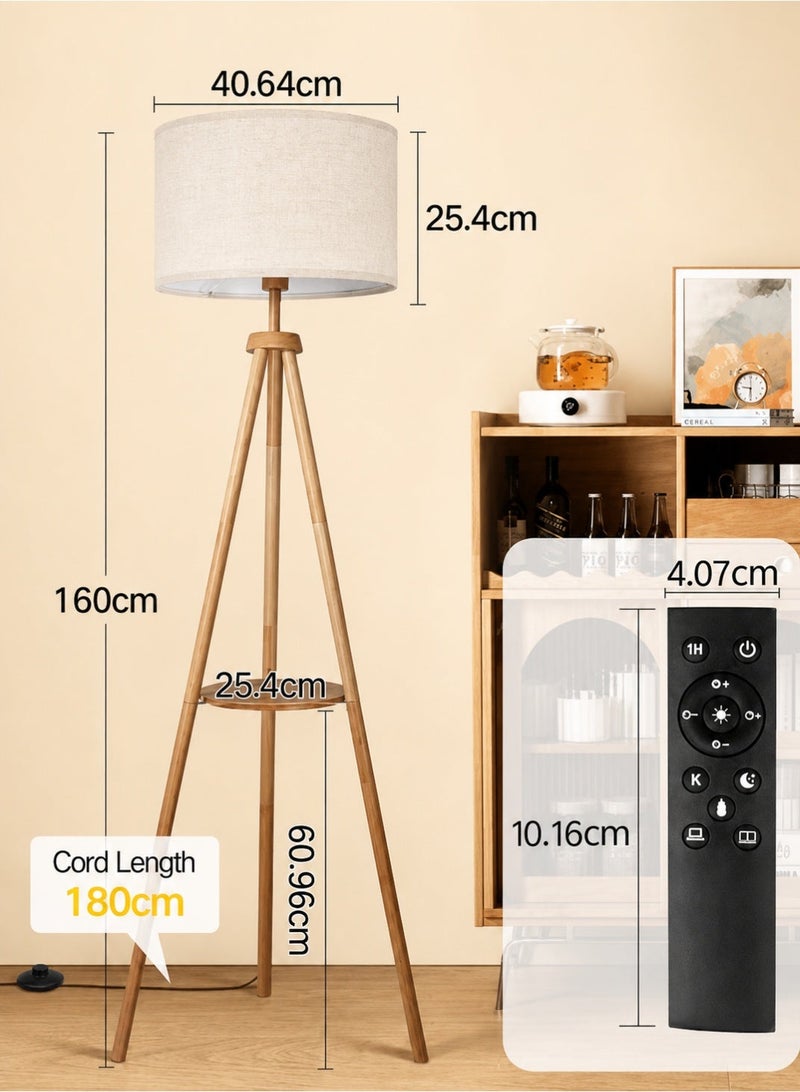 OUTON Solid Wooden Tripod Floor Lamp, Bulb Included, Standing Lamp with Remote Control, Dimmable & 4 Color Temperatures, 1H Timer, Floor Lamp with Storage Shelf Linen Shade for Living Room Bedroom - Image 3