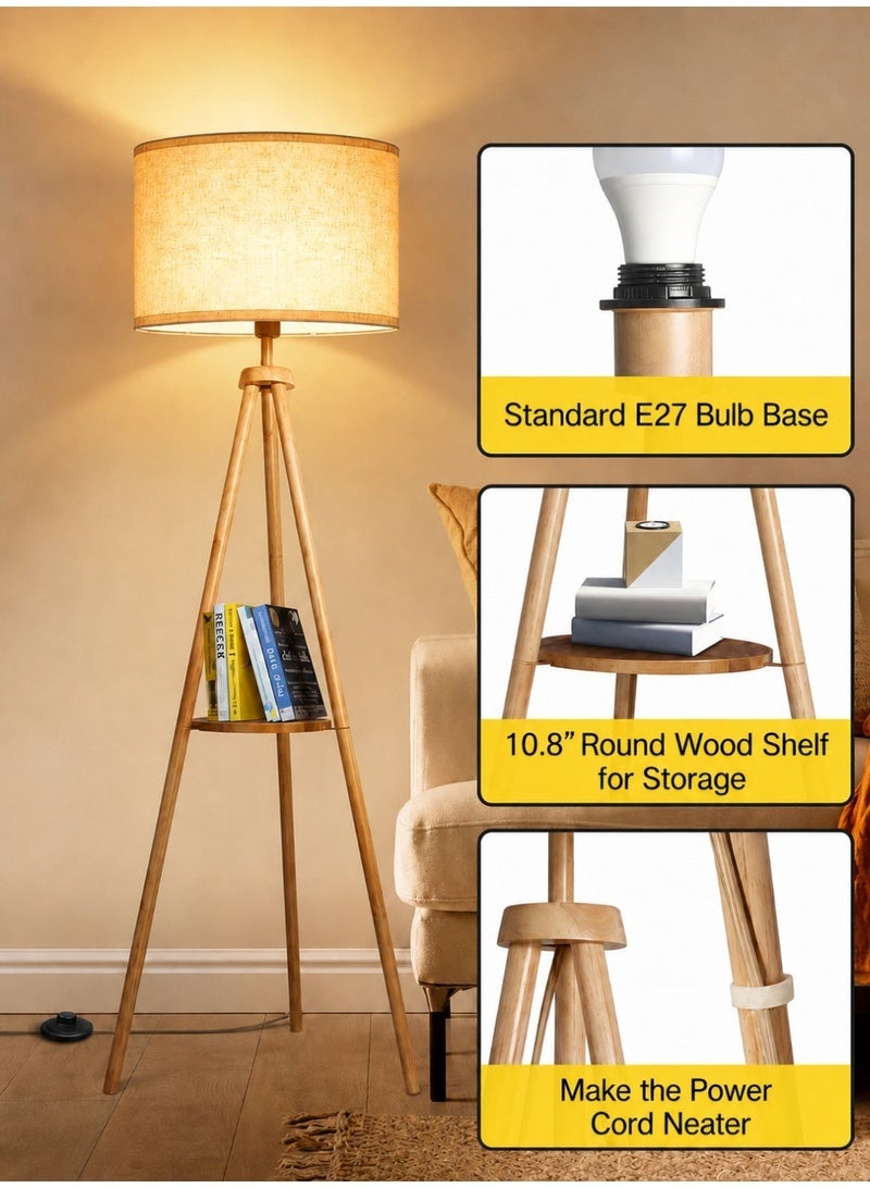 OUTON Solid Wooden Tripod Floor Lamp, Bulb Included, Standing Lamp with Remote Control, Dimmable & 4 Color Temperatures, 1H Timer, Floor Lamp with Storage Shelf Linen Shade for Living Room Bedroom - Image 5