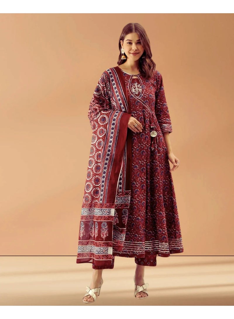 Divena Pure Cotton Anarkali Kurta Set with Hand Block Floral Print, Angrakha Yoke & Gota Work - Maroon - Image 1