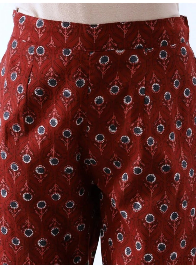 Divena Pure Cotton Anarkali Kurta Set with Hand Block Floral Print, Angrakha Yoke & Gota Work - Maroon - Image 2