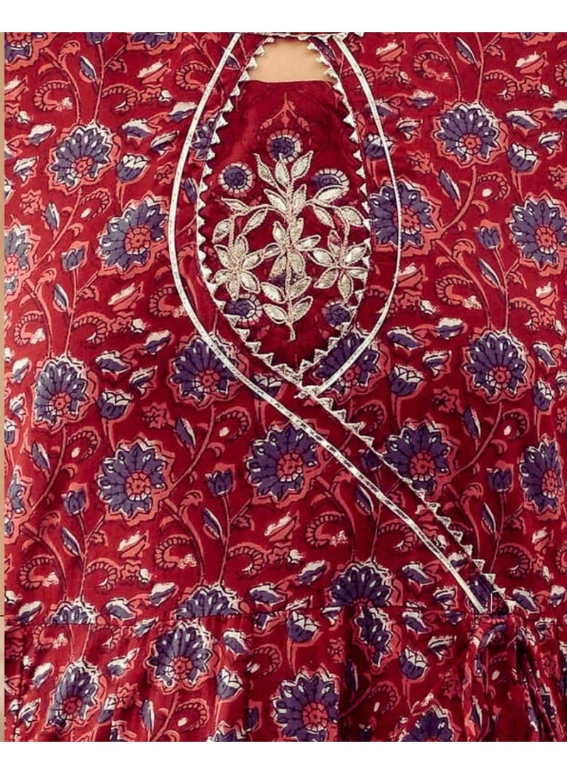 Divena Pure Cotton Anarkali Kurta Set with Hand Block Floral Print, Angrakha Yoke & Gota Work - Maroon - Image 3