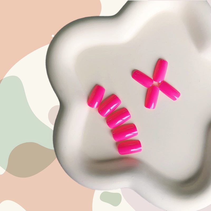 XCREANDO Hot Pink Nails Press ons Neon Pink Press on Nails Medium Square Glue on Nails Medium Length Short Acrylic Nails Glue on Medium Coffin Nails Fake Nails False Nails for Women Solid Color Gel Nails 24Pcs - Image 4