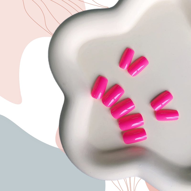 XCREANDO Hot Pink Nails Press ons Neon Pink Press on Nails Medium Square Glue on Nails Medium Length Short Acrylic Nails Glue on Medium Coffin Nails Fake Nails False Nails for Women Solid Color Gel Nails 24Pcs - Image 3
