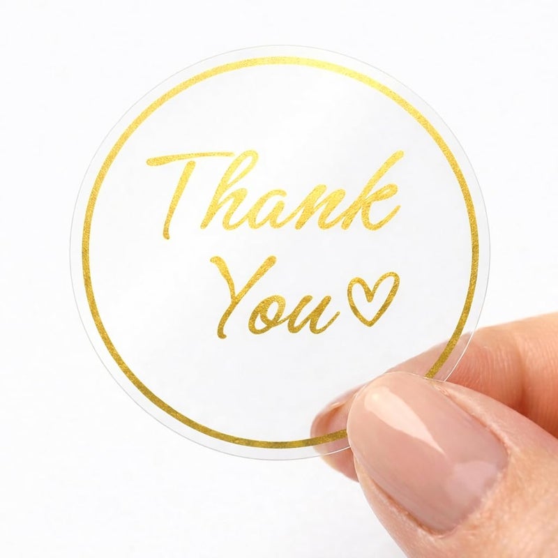 IBAKE Thank You Stickers for Small Business â€“ 500 Clear Round Stickers with Gold Foil Script, 1.5 Inch Waterproof Adhesive Labels for Packaging, Envelopes & Gift Bags - Image 1