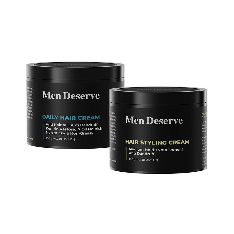 MEN DESERVE مجموعة كريم الشعر اليومية للرجال 2x100غ كريم تصفيف الشعر غير الدهني للرجال بزيت الزيتون وزيت جوز الهند والكيراتين للشعر الجاف والمجعد - Image 1