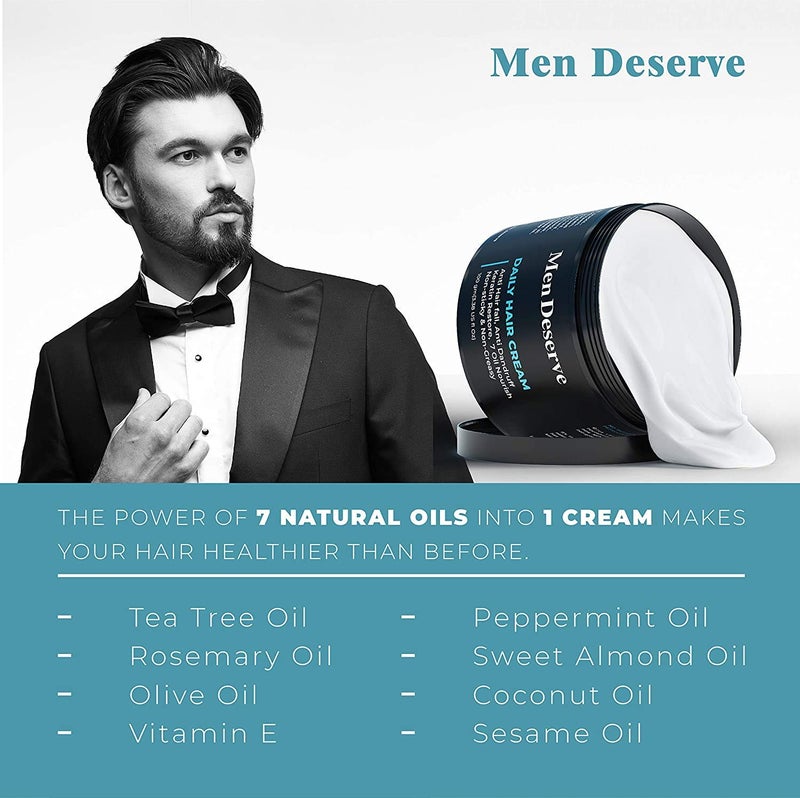 MEN DESERVE مجموعة كريم الشعر اليومية للرجال 2x100غ كريم تصفيف الشعر غير الدهني للرجال بزيت الزيتون وزيت جوز الهند والكيراتين للشعر الجاف والمجعد - Image 3