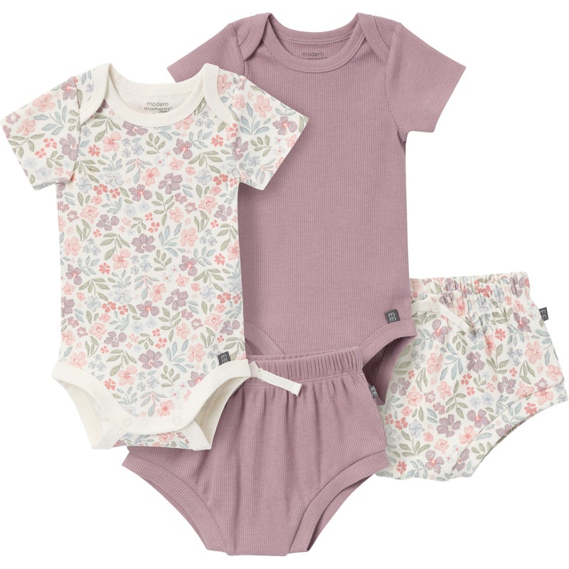Modern Moments by Gerber Unisex Baby 4-pack Short-sleeve Bodysuits & Shortie Set, Ivory Garden/Medium Lilac, 18 Months - Image 1