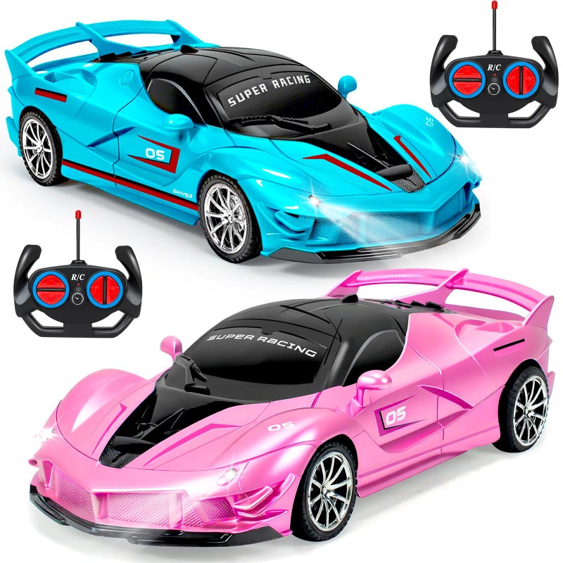 Bloolilies 2 Pack Remote Control Car for Girls 35 118 Scale Hobby Rc Cars Toys for Kids Age 3 4 5 6 7 812 Year Old Model Sports Racing Car with Headlights Birthday Easter Gifts for Kids Pink  Blue - Image 2