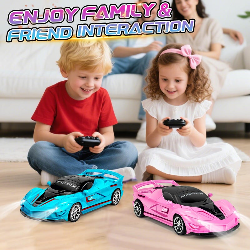 Bloolilies 2 Pack Remote Control Car for Girls 35 118 Scale Hobby Rc Cars Toys for Kids Age 3 4 5 6 7 812 Year Old Model Sports Racing Car with Headlights Birthday Easter Gifts for Kids Pink  Blue - Image 3