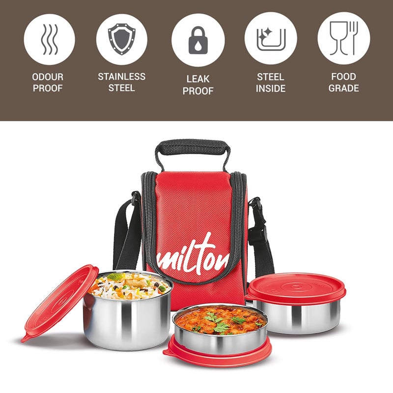 Milton MILTON Tasty 4 Lunch Box with Insulated Fabric Jacket, 4 Stainless Steel Containers (200 ml, 320 ml, 500 ml), Leak-Proof Tiffin for Office, College, Picnic, Red  - Image 3