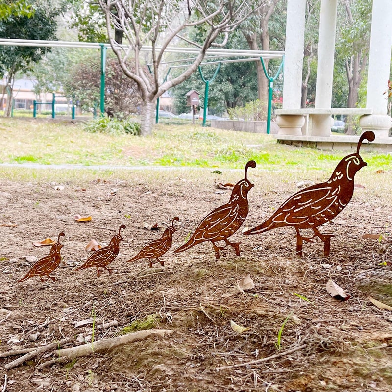 SWNACOR 5PCS Rusty Quail Family Decorative Garden Stakes, Metal Birds Yard Decor, Bird Lover Gifts for Women Mom Grandma Wife, Metal Birds Statues Garden Sculptures and Yard Art, Patio, Lawn Ornaments - Image 1