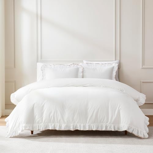 Lush Decor Duvet Cover Set 3Piece Cotton Bedding with Matching Shams Contrast Edge Stylish Border Reyna OffWhiteNeutral King - Image 1