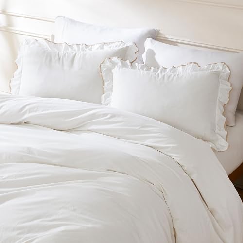 Lush Decor Duvet Cover Set 3Piece Cotton Bedding with Matching Shams Contrast Edge Stylish Border Reyna OffWhiteNeutral King - Image 3