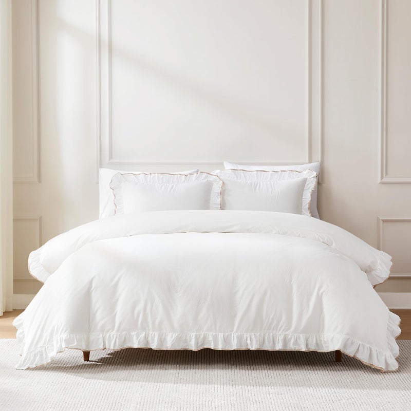 Lush Decor Duvet Cover Set 3Piece Cotton Bedding with Matching Shams Contrast Edge Stylish Border Reyna OffWhiteNeutral King - Image 2