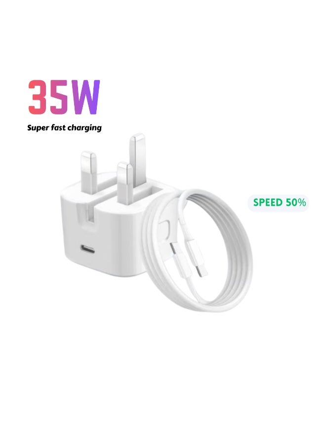 شاحن سريع أصلي قابل للطي من النوع C بقوة 35 وات لهاتف iPhone 16 / 15 Pro Max / سلسلة 15 | محول طاقة USB-C بقوة 35 وات مع كابل شحن سريع من النوع C إلى النوع C بطول متر واحد | متوافق مع iPhone وSamsung S24 وHuawei وجميع الهواتف/الأجهزة اللوحية المزودة بمنفذ USB-C - أبيض - Image 1