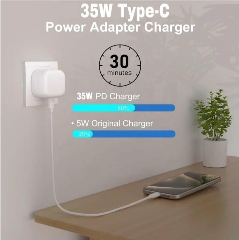 شاحن سريع من النوع C بقوة 35 واط | محول طاقة USB-C أصلي قابل للطي مع كابل بطول 1 متر من النوع C إلى النوع C | شحن سريع لأجهزة iPhone 16 و15 Pro Max وSamsung S24 وHuawei التي تعمل بمنفذ USB-C - أبيض - Image 2