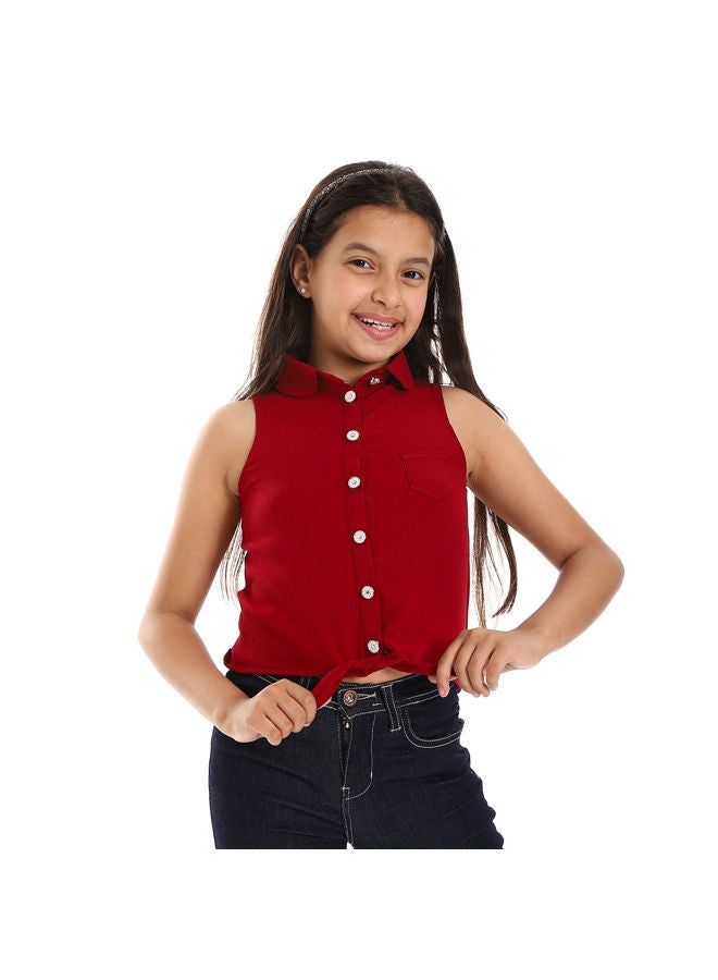 Andora Tie-able Lace Sleeveless Textured Shirt-Burgundy  - Image 4