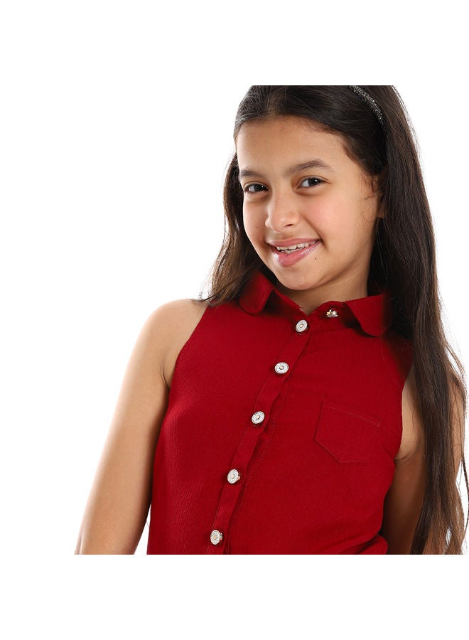 Andora Tie-able Lace Sleeveless Textured Shirt-Burgundy  - Image 3
