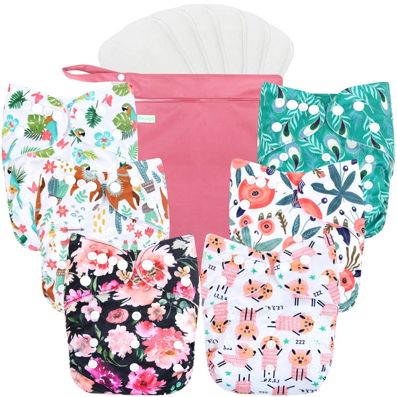 wegreeco Cloth Diapers 6 Pack with 6 Inserts & 1 Wet Bag, Washable Cloth Diapers for Babies, One Size Adjustable Reusable (Flower) - Image 1