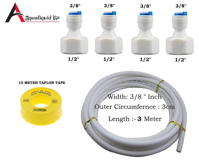 AQUALIQUID RO Female Direct Valve Straight Connector, 1/2" Female Thread X 3/8" Push fit For All Water Purifer (Set of 4 Pcs, 3 Meter 3/8" Pipe, Teflon Tape) - Image 2