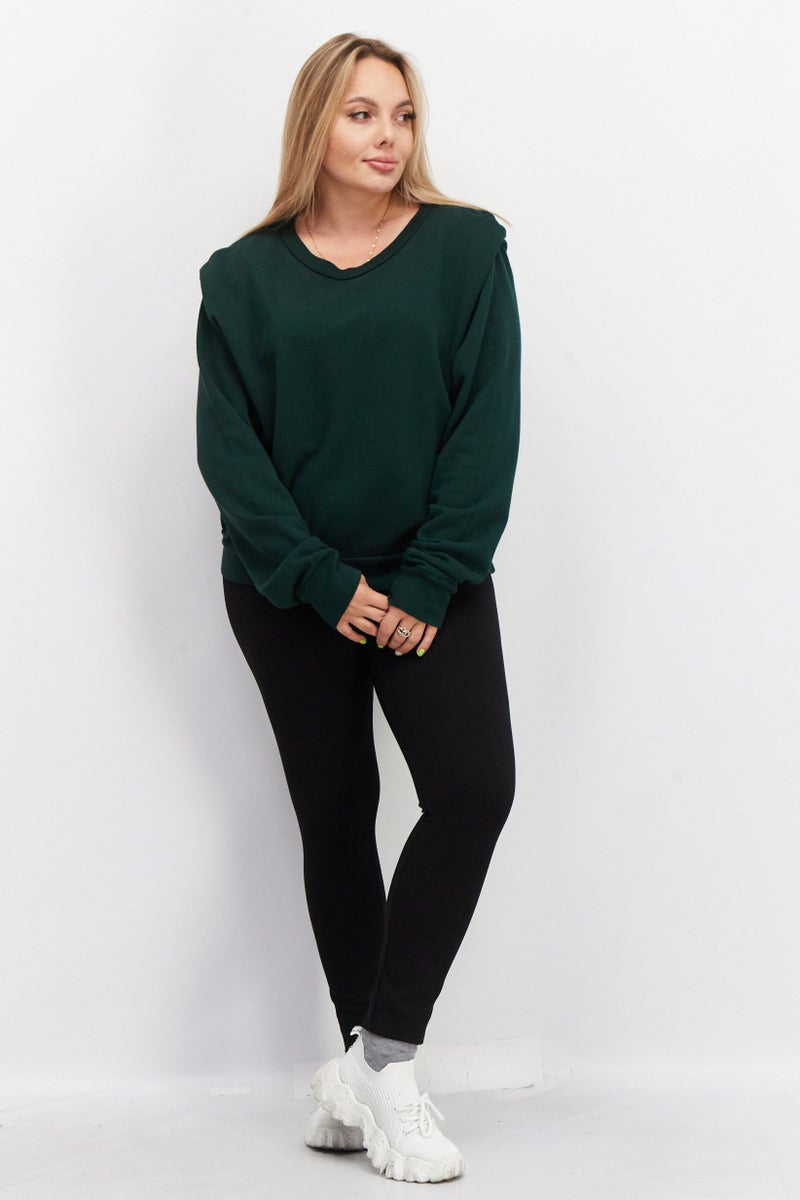 LNA Women Round Neck Plain Sweatshirt, Green - Image 3