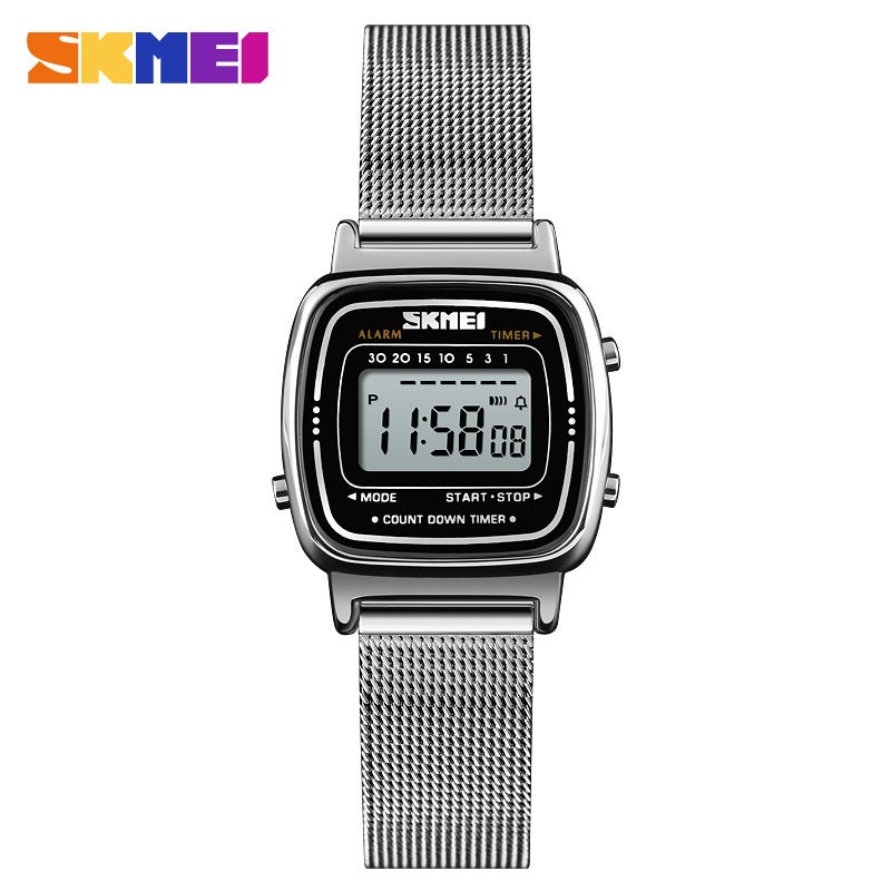 Skmei Fashion Ladies Digital Wristwatch Upgrade Silver-Mesh Belt Edition