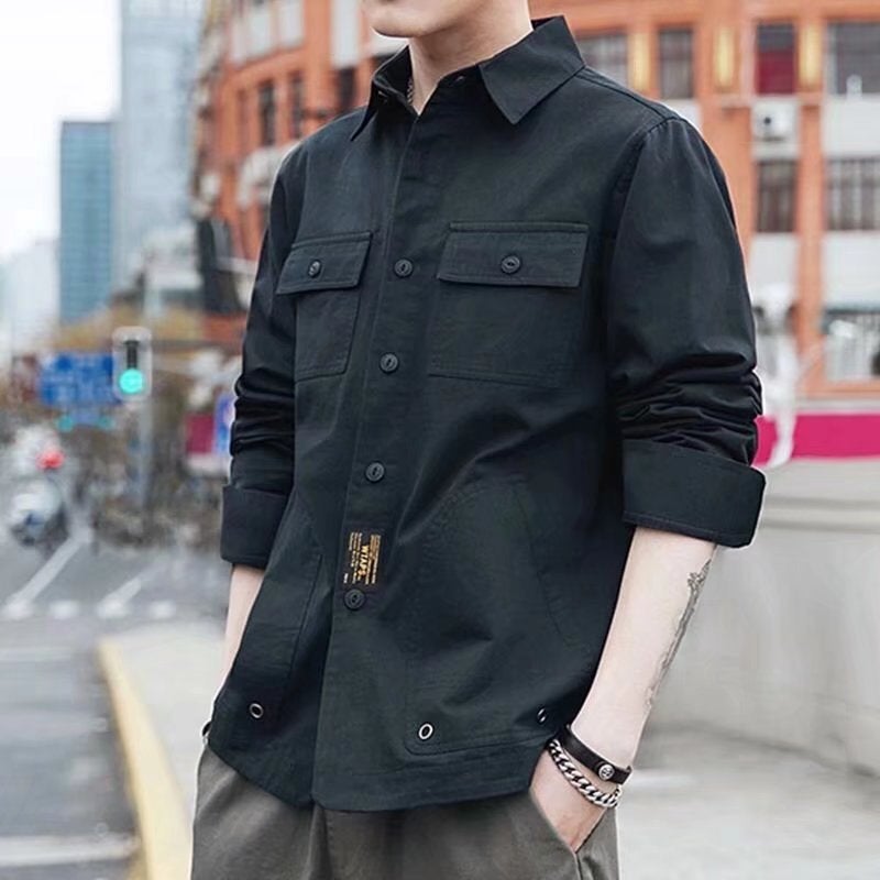 Mens Casual Work Shirt Lightweight Spring Jacket Black 