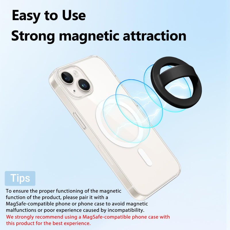QxbBox Magnetic Silicone Ring Grip Phone Holder, Rotating Finger Loop Ring Grip Holder, Soft and Portable, Strong Magnetic Attraction, Compatible with Magsafe Phone Case (Black) - Image 2