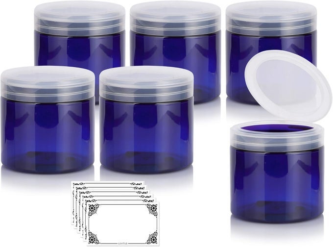 COBALT PET PLASTIC (BPA FREE) REFILLABLE JAR WITH CLEAR NATURAL FLIP TOP CAP - 16 OZ (6 PACK) + LABELS