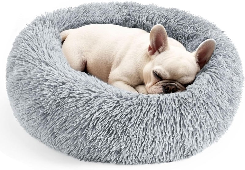Hoewina Dog & Cat Bed, 20in Cat Beds for Indoor Cats, Calming Donut Bed for Puppy and Kitten, Washable Round Fluffy Pet Bed for Small Medium Dogs and Cats (Light Grey) - Image 1